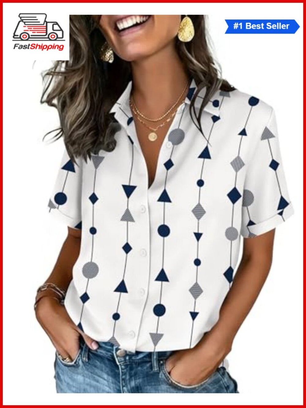 āØZeagoo Women's Button Down Short Sleeve V Neck Blouse Roll Up Cuffs Dressy
